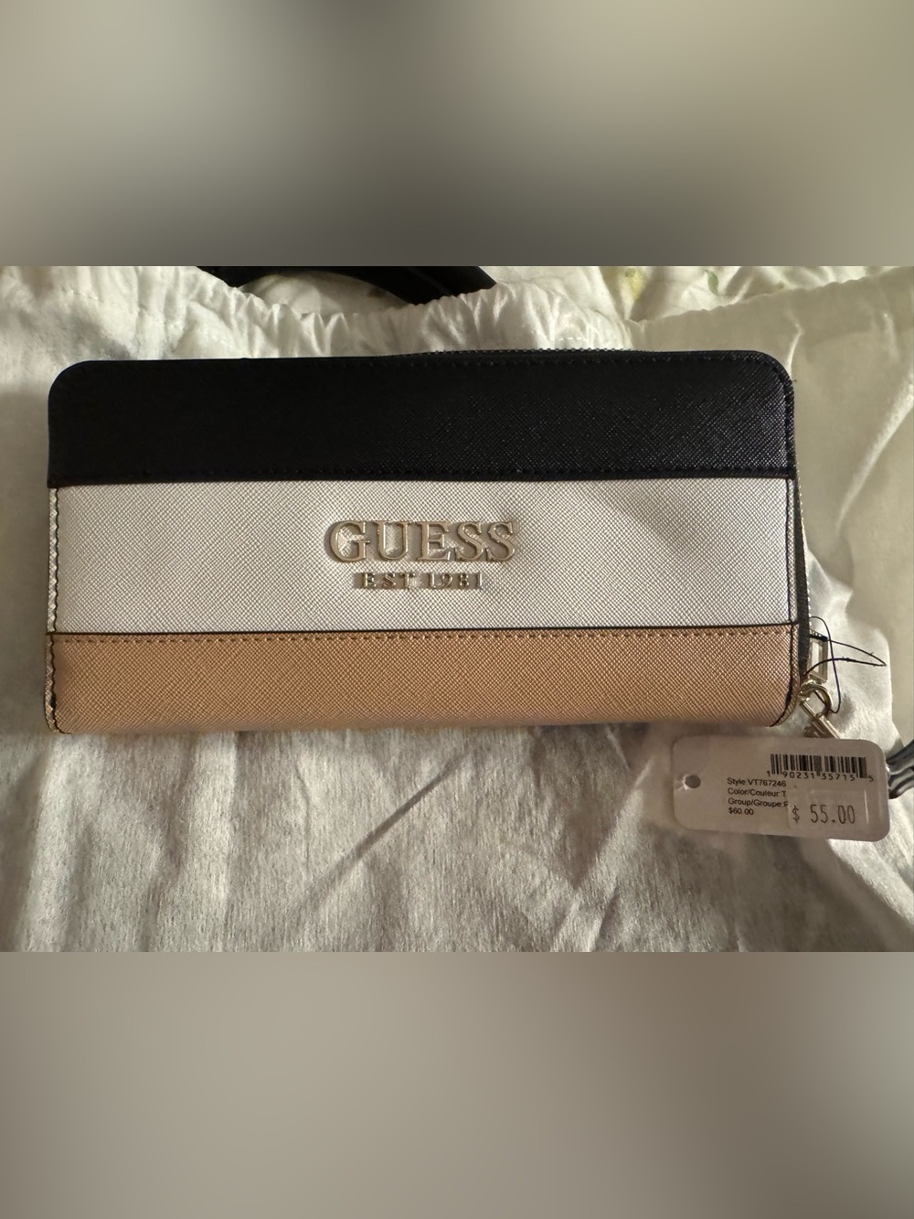 GUESS Tri-Color Zip Wallet - Black, White & Tan BNWT
